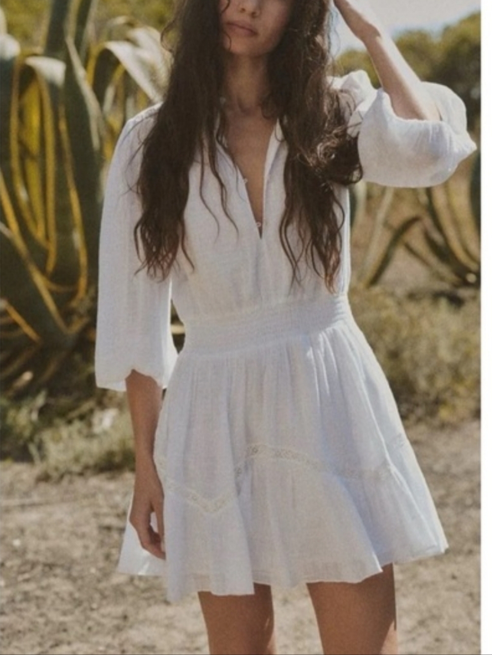 Zara White V-Neck Broderie Dress with Puff Sleeves SMALL